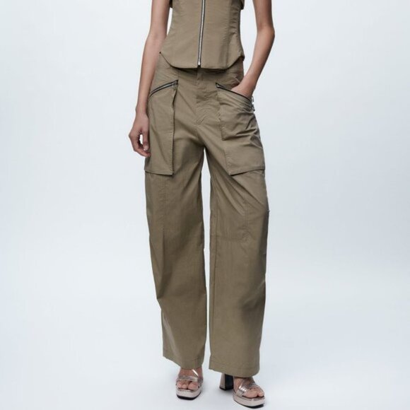 NEW ZARA WOMEN'S 2-Piece ZIPPER BUSTIER/ TOPSTITCHED ZIPPERED CARGO PANTS Khaki - Picture 2 of 15